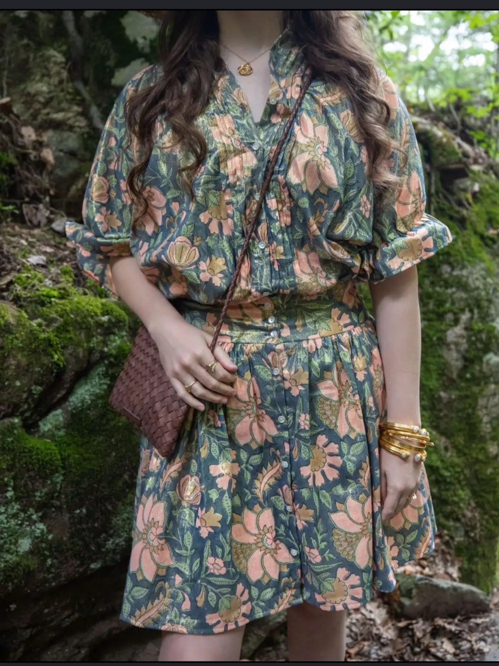 Juliet Dunn London Floral pink & green Lamé Blouson Dress Size 1/Small $385.
